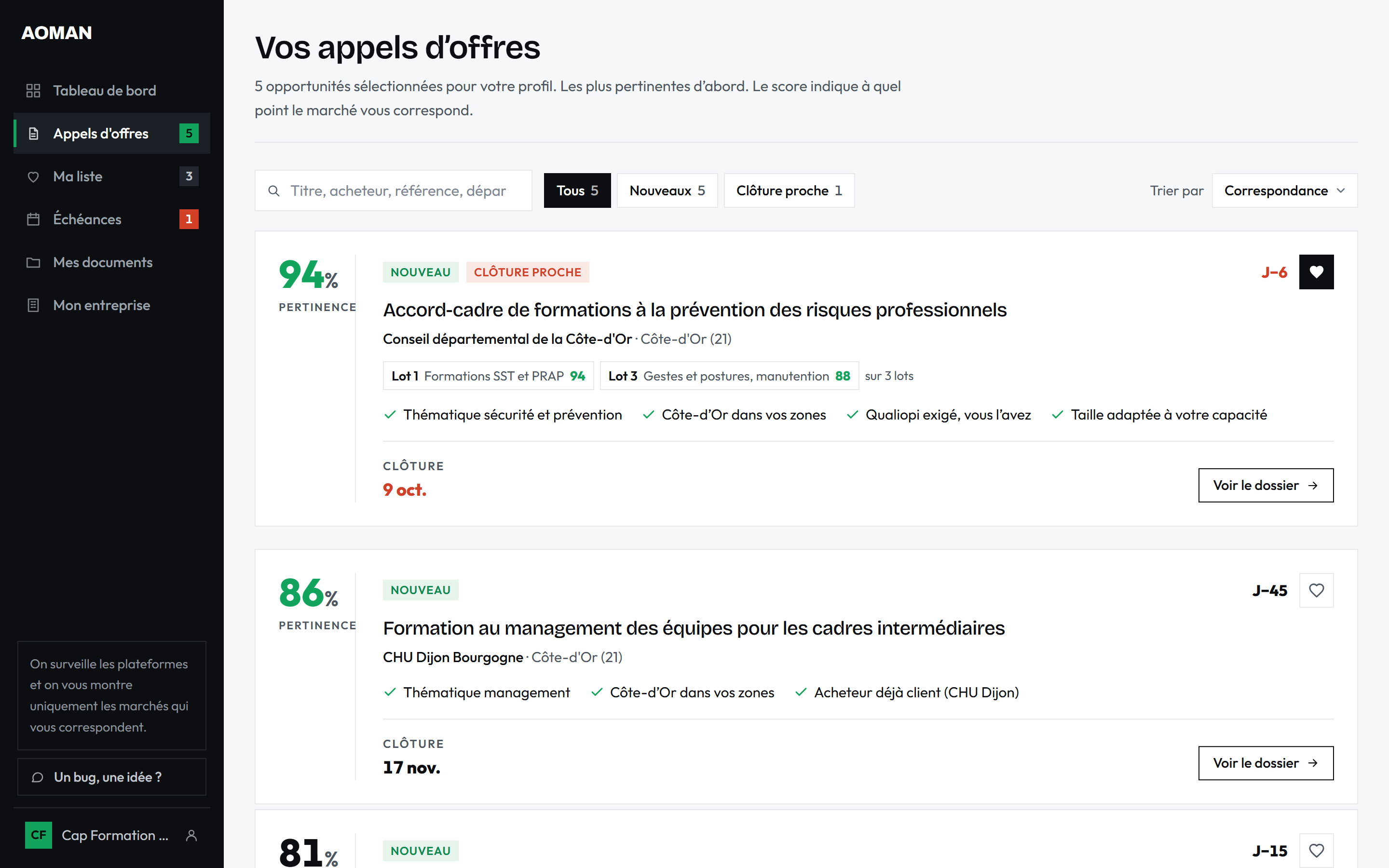 Liste des appels d'offres sélectionnés, avec le score de chaque lot et les raisons de la correspondance