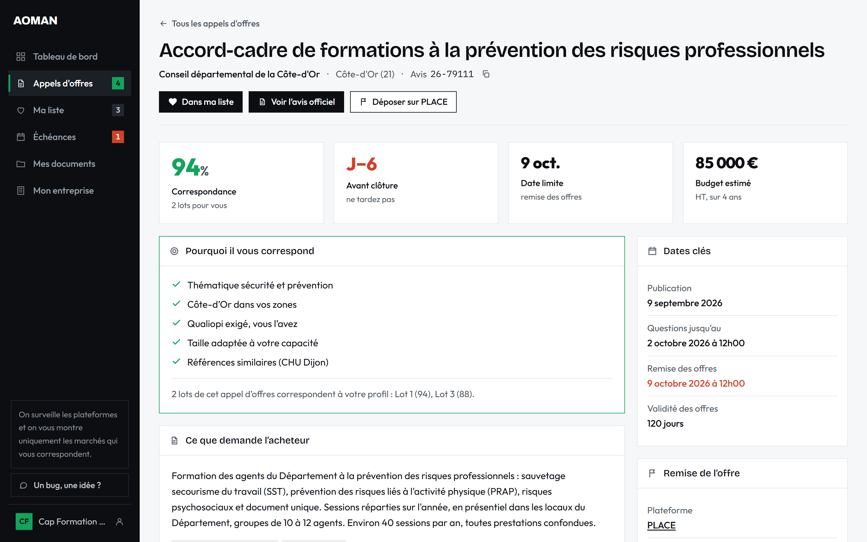 Fiche d'un appel d'offres analysé : score, dates clés, budget et raisons de la correspondance
