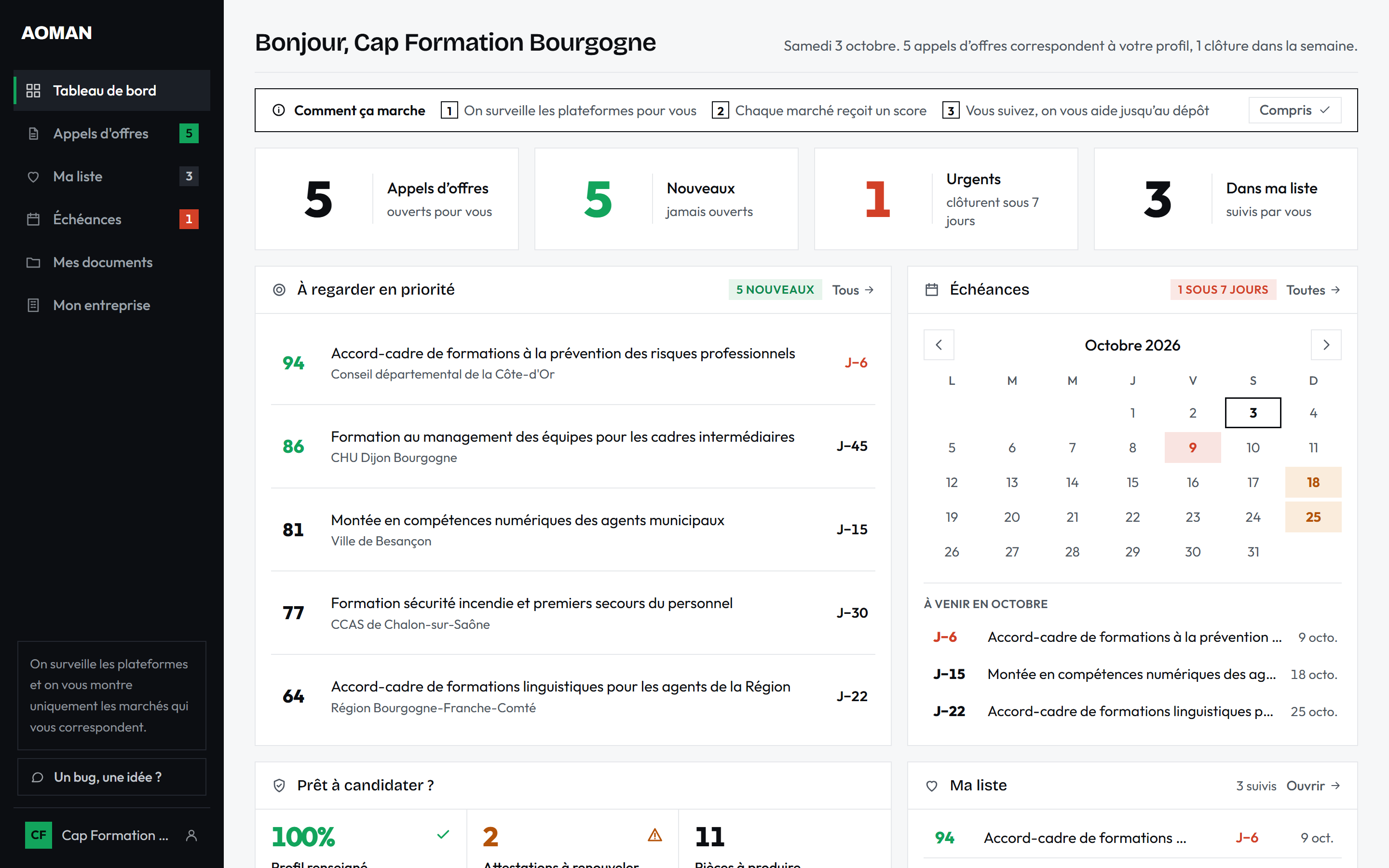 Tableau de bord de la plateforme AOMAN : appels d'offres à regarder en priorité, échéances du mois et suivi